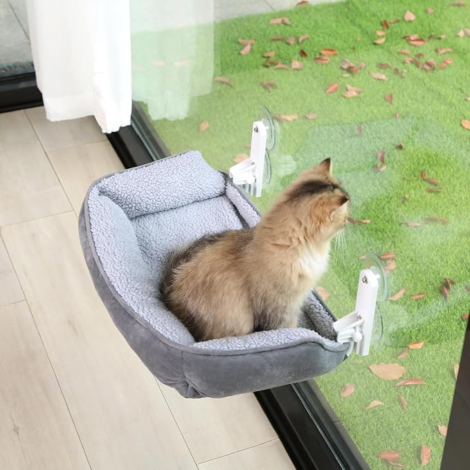 Zakkart Foldable Cat Hammock for Window with Bolster - Cordless, Fold-Up, Three-Side Bolstered Machine Washable Fluffy Bed, Robust Metal Frame - Cat Window Perch for Large Cats and Kittens - Gray - Image 3