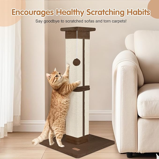 Cat Scratching Post 33 inch for Indoor Cats, High Cat Scratch Post Brown, Cat Tree for Full-Body Stretching, Protect Your Furniture - Image 3