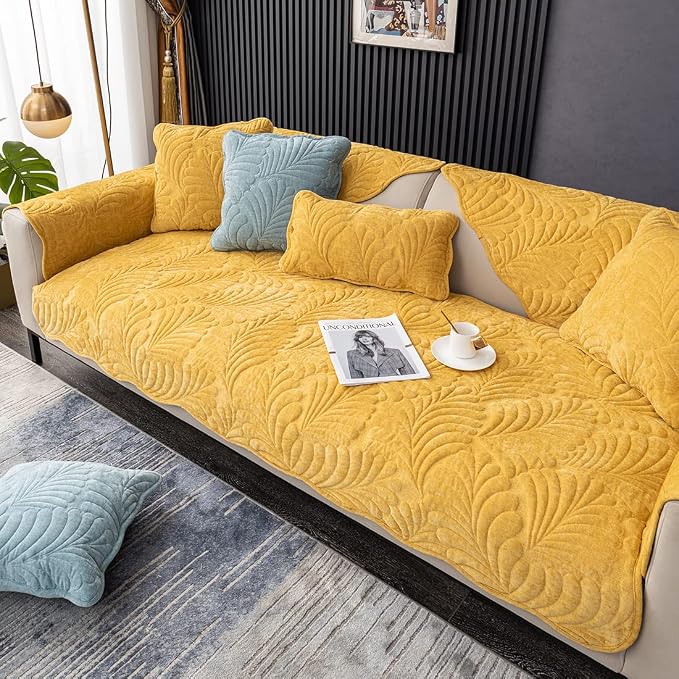Couch Covers Plush Quilted Sofa Covers for Sectional Sofa Washable | Palm Leaves Couch Cover Chenille Non Slip Sofa Covers Soft Sofa Slipcover Furniture Protector for Pets Kids Children Dogs Cat - Image 6