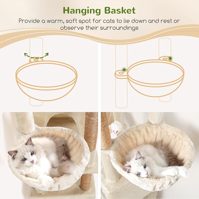 Globlazer Sturdy Cat Tree for Indoor Cats 20 lbs, S68, Beige | 68-inch Large Cat Tower for Adult Big Cats, Heavy Duty Cat Tree with Extra Large Platform, 5 Scratching Post - Image 4