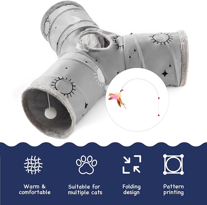 Tempcore Cat Tunnel for Indoor Cats, 3 Way Collapsible Pet Play Tunnel with Teaser Wand, Peek Holes & Hanging Ball, Interactive Tube for Kittens & Rabbits, Grey Sun - Image 7