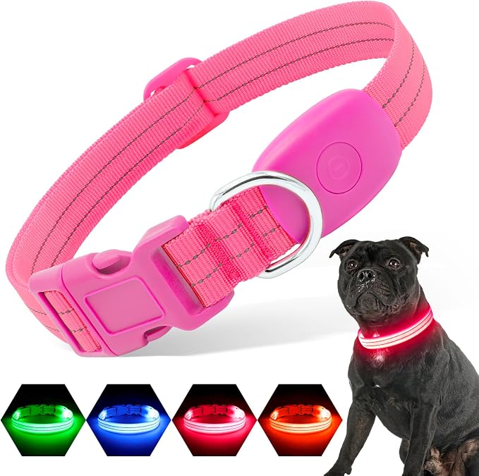 Light Up Dog Collars Rechargeable, Reflective LED Glow Dark Dog Collar for Small Medium Large Dogs, Adjustable Pet Dog Lights for Safe Night Walk-Pink, Large by PZRLit