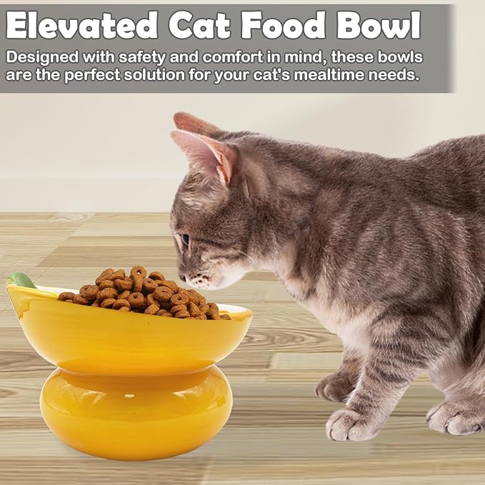 Hamiledyi Ceramic Raised Cat Bowls 15° Tilted Elevated Kitten Food Water Bowl Shallow Whisker Fatigue Kitty Dish Fruit Pet Feeding Bowls Feeder for Indoor Cats Small Dog (Yellow Orange) - Image 8