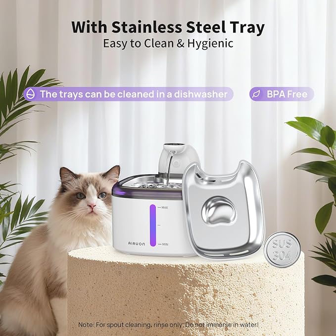 Cat Water Fountain Cordless 118oz/3.5L Wireless & Battery Operated Pet Water Fountain for Indoor Cats, Stainless Steel Tray with Sensor & Timer Modes, Ultra-Quiet, BPA-Free (Cat Fountain+8Filters) - Image 6