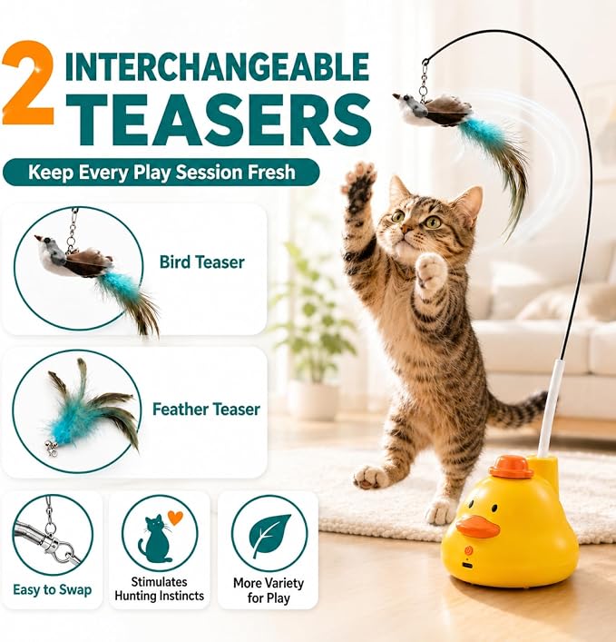 YWK Interactive Cat Toys for Indoor Cats, 360° Automatic Flying Bird Wand, Bird Sound & 2 Speeds, Touch Restart, USB-C Rechargeable Self-Play Toy with Suction Base, Bird & Feather Attachments - Image 6