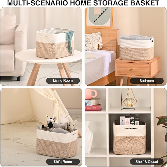 ICERZCZ Woven Cotton Rope Storage Basket for Organizing, Cute Decorative Baskets for Gifts Empty, Organizer Bins for Dog Toy, Baby Laundry, 15“×11”×9.5“, Off White & Brown - Image 4