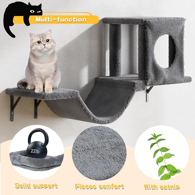 12-in-1 Cat Wall Shelves, Luxury Wall-Mounted Cat Climber Set | with Condos House, Scratching Post, Bridge Ladder, Indoor Space-Saving Furniture for Kittens, Dark Gray - Image 4