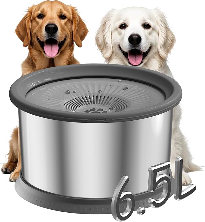 6.5L Dog Water Bowl No Spill 1.6 Gallon Stainless Steel Water Bowl with 4 Filters for Dogs 220oz Large Capacity No Splash Slow Drinking Feeder with Anti-Slip Mat for Messy Drinkers by Xetino