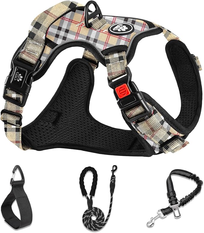 NESTROAD No Pull Dog Harness with Leash, Reflective No Choke Pet Vest Harness,Adjustable Soft Padded Dog Harness with Easy Control Handle for Small Dogs(Checkered Beige,Small) by NESTROAD