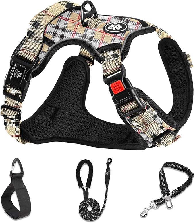 NESTROAD No Pull Dog Harness with Leash, Reflective No Choke Pet Vest Harness,Adjustable Soft Padded Dog Harness with Easy Control Handle for Large Dogs(Checkered Beige,X-Large) by NESTROAD