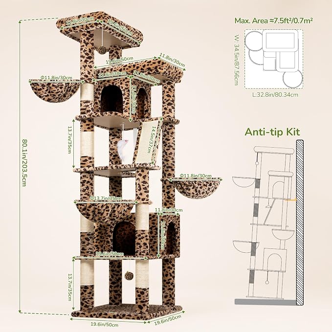 Globlazer 80in Extra Large Leopard Cat Tree Tower S80G, Leopard Print | Multi-Level Cat Condo For Multiple Indoor Cats Large Adult Kittens, Scratching Posts, Widened Perches, Adjustable Baskets - Image 6