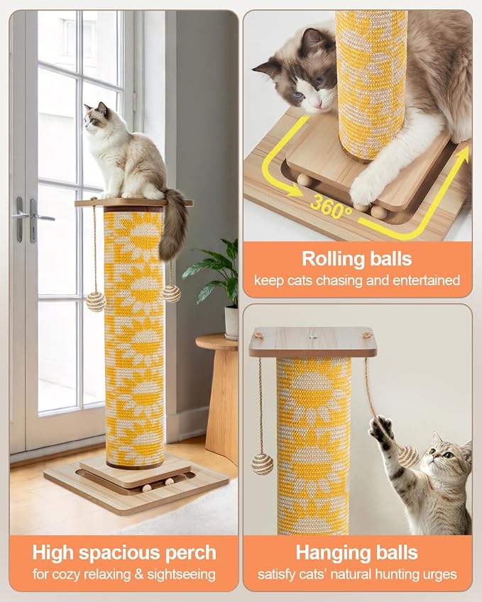 Odoland 31" Tall Large Cat Scratching Post with Replaceable Scratcher Pad | Natural Sisal, Solid Wood Base, Sturdy Durable Replaceable Pad, Interactive Track, Top Perch, Indoor Adult Cats Kitten - Image 5