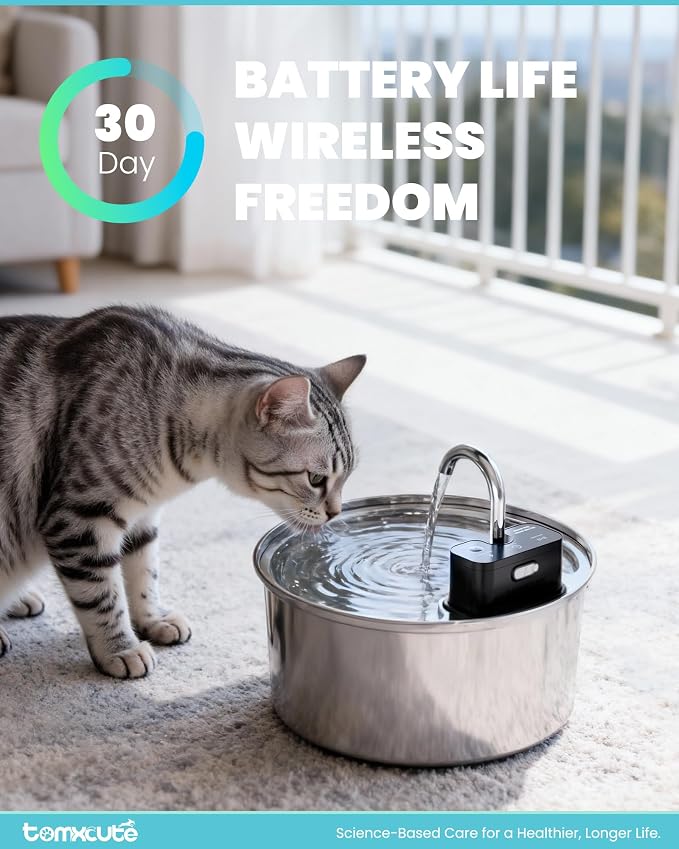 Tomxcute Cat Water Fountain Stainless Steel, 108oz Wireless Pet Fountain | 3 Smart Water Supply Modes Automatic Battery Operated Fountain with 3 Replacement Filters for Cats, Dogs, Multiple Pets - Image 5