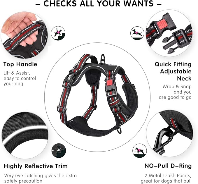 PoyPet Dog Harness Medium, No Pull Vest with Front/Back Clip & Neck Buckle | No Choke, Lockable, Reflective, 2 Lead Rings, Adjustable, Soft Padded Handle for Training Walking, M, Black+Red - Image 2