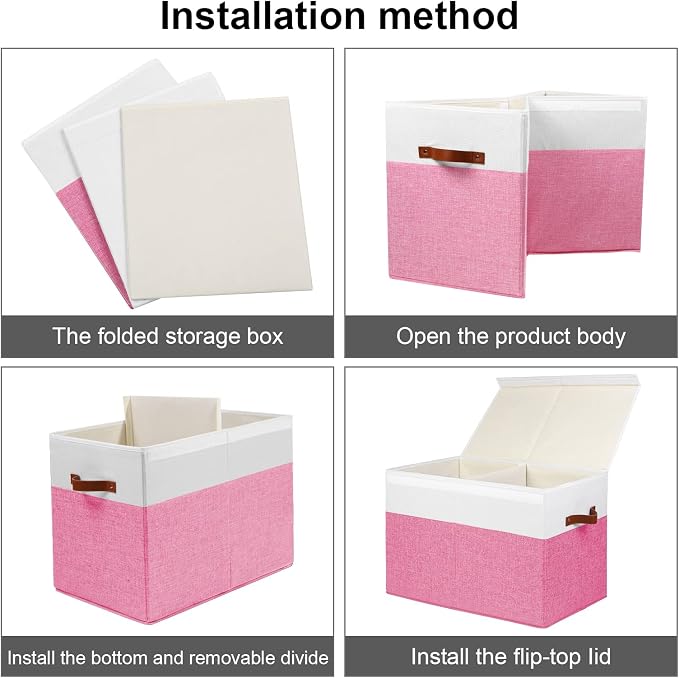 Large Toy Storage Box with Lid, Toy Chest Bin Boxes Basket with Dividers | Sturdy Toy Organizer Bin for Kids, Boys, Girls, Nursery, Living Room, Bedroom, Playroom 25"x13" x16" (Pink and White) - Image 7