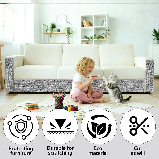 Cat Scratch Couch Furniture Protector,Trimmable Self-Adhesive Cats Claws Scratch Pads, Sisal DIY Climbing Couch Protector for Scratch Post Cat Tree Replacement Indoor(Light Gray, 78.7"x15.8") - Image 5