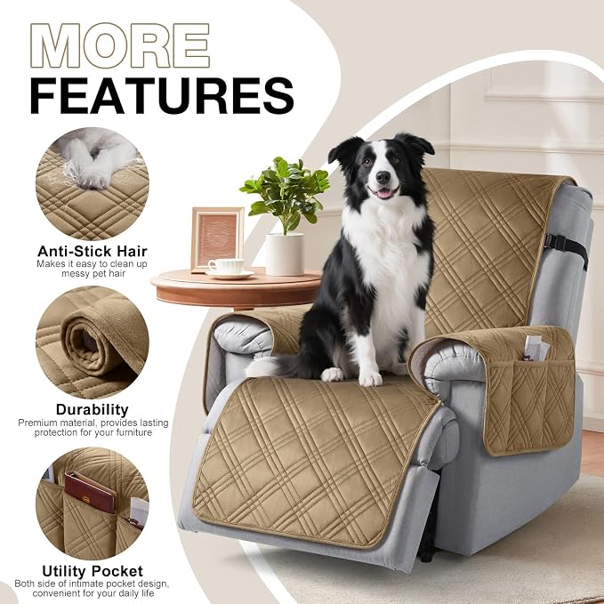 TAOCOCO 100% Waterproof Recliner Chair Cover, Recliner Covers for Recliner Chair with Pocket, Non Slip Reclining Chair Cover Furniture Protector for Kids, Pets(23.6'', Khaki-Velvet) - Image 4
