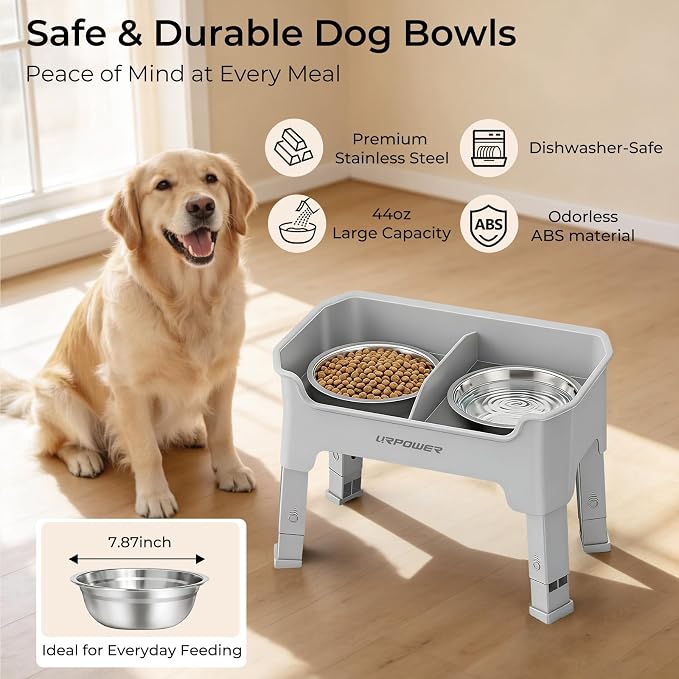 URPOWER Mess Proof Elevated Dog Bowls, Splash Guard Raised Bowl Stand | 4 Adjustable Heights, 2 Stainless Steel Bowls, Food & Water Separation, Foldable Design Non-Slip for Small Medium Large Dogs - Image 5