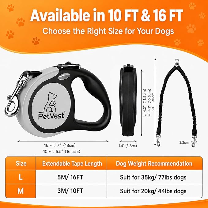 Dual Retractable Dog Leash,10 FT Tangle-Free Leash for 2 Dogs, Detachable for Single Use,One-Button Brake & Lock, Up to 44 lbs Each, 360° Swivel, Non-Slip Handle + Poop Bag Holder (Grey) - Image 2