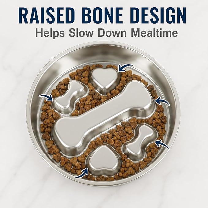 304 Stainless Steel Slow Feeder Dog Bowl, Double-Sided Anti-Gulping Puzzle Bowl, Bone Design, Dishwasher Safe, for Medium Large Dogs - Image 2
