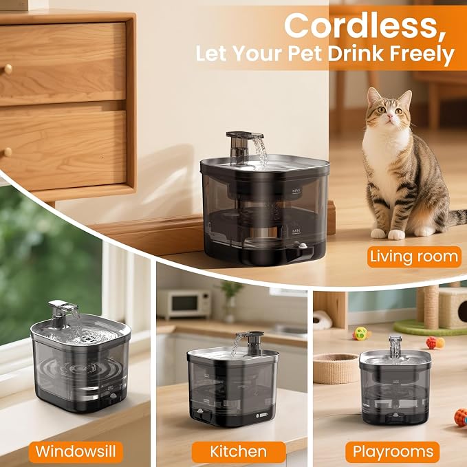 Accokids Wireless Cat Water Fountain Cordless with External Pump, 68oz Rechargeable Automatic Pet Cat Fountains for Drinking with Motion Sensor, Quiet Pump (3 Filter) | 68oz Cat Fountain with External Pump, Quiet Operation, 3 Filters for Clean Drinking... - Image 2