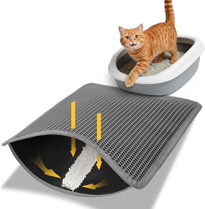 Conlun Cat Litter Trapping Mat for Small Spaces, 23.6"x14.6" Space-Saving Litter Box Floor Mat, Hexagon Grids & Anti-Leak Base, Machine Washable, Non-Slip Kitty Matt for Apartment, Gray by Conlun