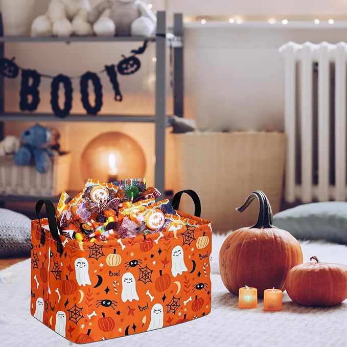 Rectangle Pumpkin Ghost Pattern Gift Storage Basket Home Shelf Storage Basket Organizer Box Clothes Laundry Hamper Nursery Basket Laundry Basket with Handles - Image 3