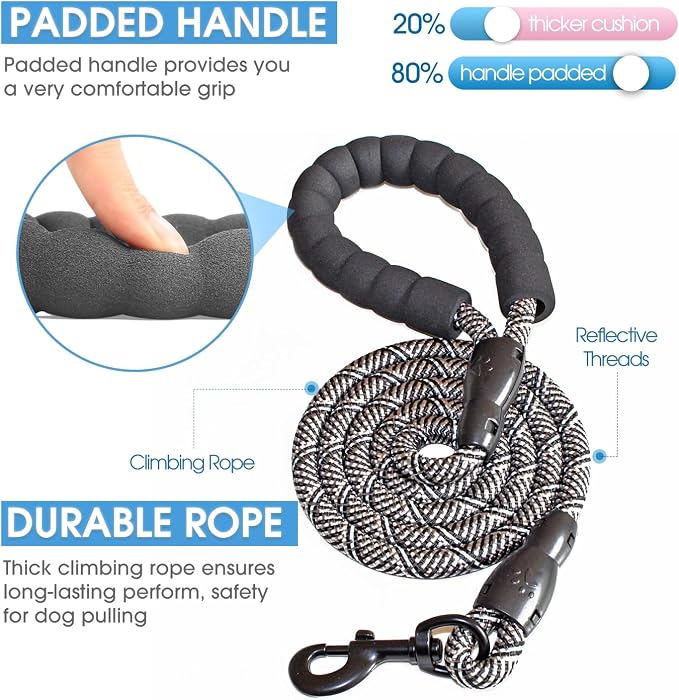 2/4/5/6 FT Dog Leash with Comfortable Padded Handle and Highly Reflective Threads for Small Medium and Large Dogs (5FT-1/2'', Black Silver) - Image 2