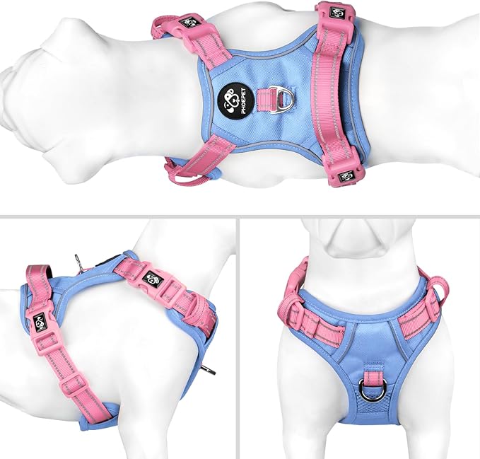 No Pull Dog Harness, Unique Colors Reflective Adjustable Dog Vest | with Soft Training Handle Metal Clips for Small Medium Large Dogs (Baby Blue Base & Pink Straps,L) - Image 2