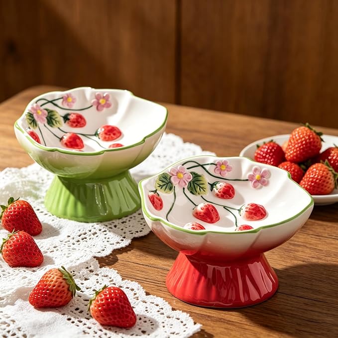 Ceramic Strawberry Elevated Cat Bowls, Tilted Raised Pet Dish for Anti Vomit, Spine Protection, Whisker Friendly - Excellent Raised Food and Water Bowl for Indoor Cats, Flat-Faced Cats (Green) - Image 7