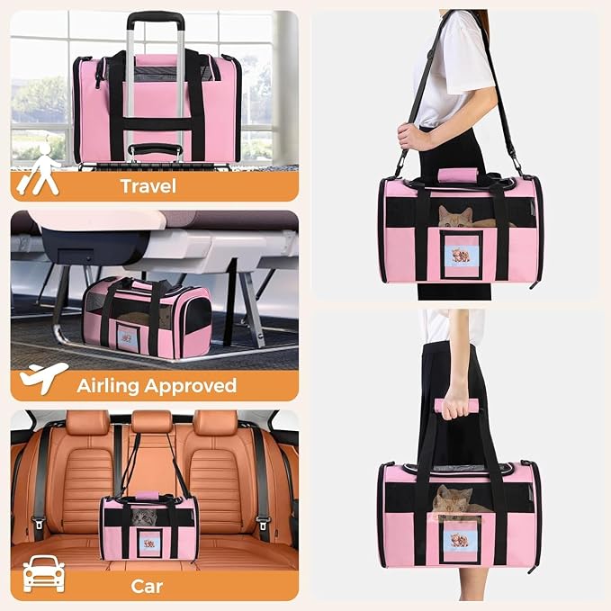 Large Soft Cat Carrier with Detachable Food Bowl,Pet Bag (Up to 28 lbs) | Puppy Kennel with Lockable Zippers for Small Dog, Kitten,Medium Travel Carrying Case for Car Airline Transport,Pink - Image 6