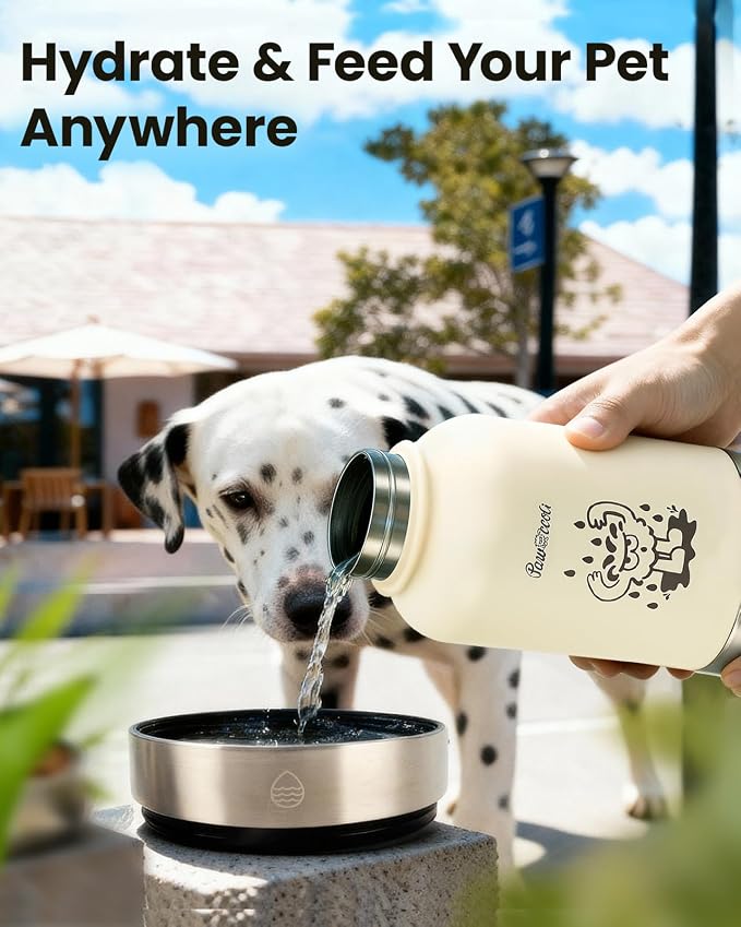 34oz Dog Water Bottle, Stainless Steel Dog Water Bottle Dispenser with Detachable Food & Water Bowls, Keeps Water Hot/Cold, for Walking, Hiking, Camping(Cream) - Image 9