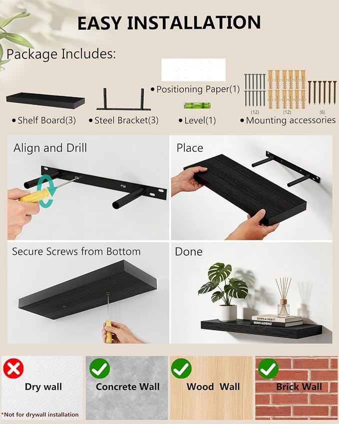 WALI Floating Shelves for Wall, 3 Tier Bathroom Storage Shelf Over Toilet, for Bedroom Bookshelf, Living Room Decor, Kitchen, Nursery, Laundry, Soundbar Floating Shelf Mount Under TV (CS103L), Black - Image 9