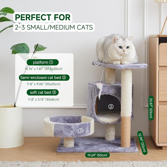 Cat Tree with Condo, Perch, and Scratching Posts, Gray and Beige, Multi-Level Tower with Hanging Toy - Image 2