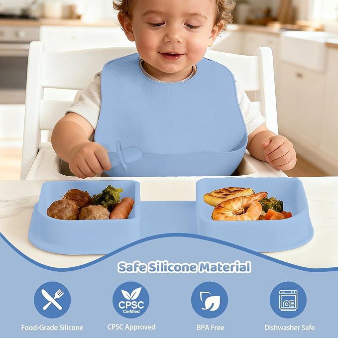 Blue Silicone Foldable Feeding Set, Travel Baby Feeding Supplies Including Toddler Plates, Silicone Baby Spoon&Fork, Adjustable Foldable Bib, Portable Infant Toddler Utensils - Image 2