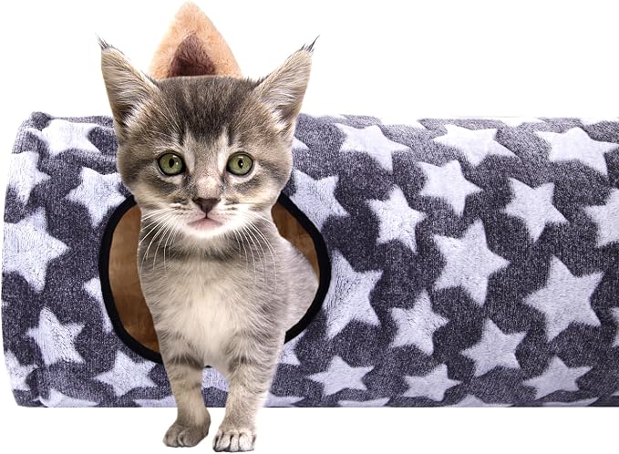 Cat Tunnel -Straight-Shaped, Gray Star Pattern, Soft Velvet Exterior, Oxford Fabric Fog-Proof Interior, Plush Toy Ball, Easily Washable, Conveniently Foldable, 47.2in/120cm - Image 4