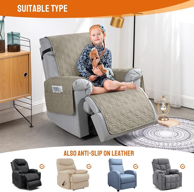 VANSOFY 100% Waterproof Recliner Chair Covers Washable, Khaki, 20" | Non-Slip, Slipcover with Pocket, Furniture Protector, Elastic Straps, Chair Cover for Pets, Dogs - Image 5