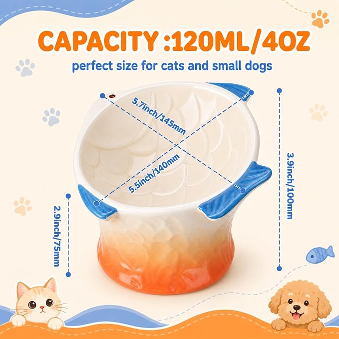 Tioncy 2 Pcs Raised Tilted Ceramic Cat Food Bowl Fish Shape Cute Elevated Slanted Shallow Angled Cat Dish Non Slip Feeder Bowl for Anti-Vomiting and Fatigue (Pink,Orange) - Image 2