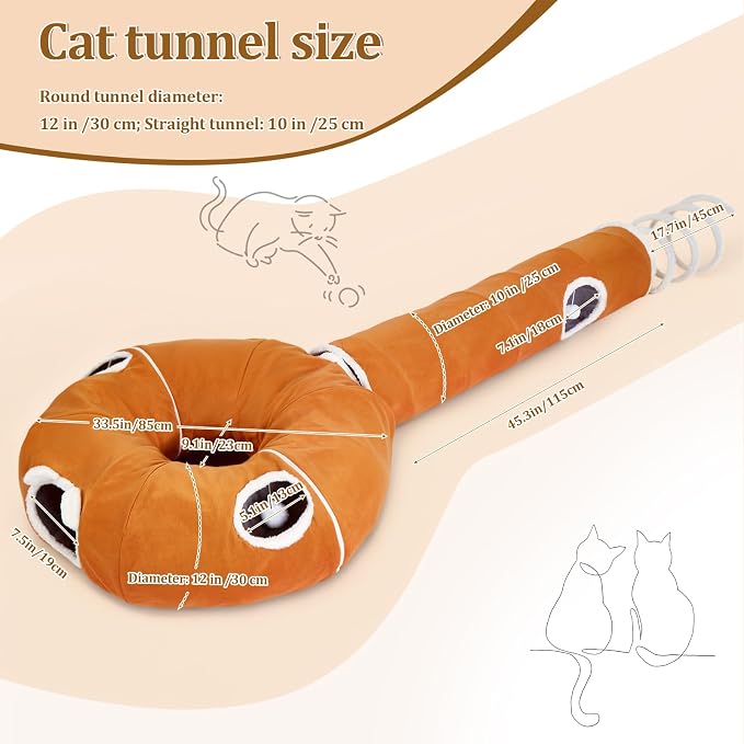 Ownpets 2-in-1 Cat Tunnel Large Lollipop Collapsible Cave Plush 12"D Orange | Foldable Tunnel Bed, Fluffy Ball, Multi-Exit Maze, For Cats Kittens Puppies Rabbits, Soft Plush, Easy Store, Cozy Hiding Spot - Image 7