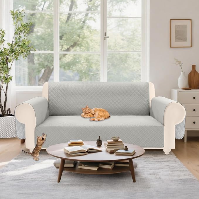 Velvet 100% Waterproof Loveseat Covers Washable Love Seat Couch Covers for 2 Cushion Couch Sofa Pet Friendly Sofa Slipcovers Dogs Furniture Protector with Pockets (Medium-XL, Light Grey) - Image 7