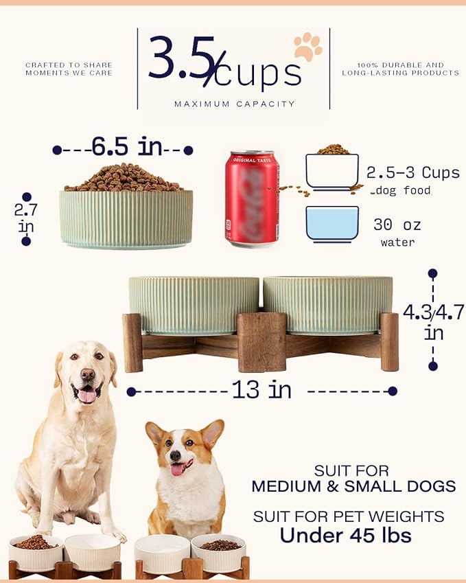 Getstar Ceramic Dog Bowls Set with Acacia Wood Stand, 3.5 Cups Pet Bowls Set of 2 for Medium Dogs, Cute Dog Food Bowl, Cat Bowls - Image 2