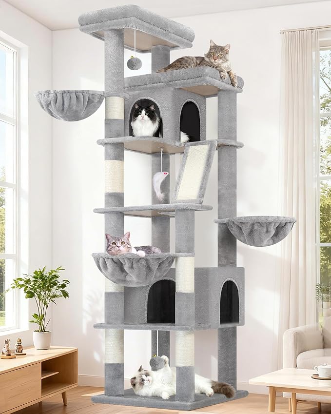 Globlazer 80in Extra Large Tall Corner Cat Tree Tower, S80G, Light Grey | Multi-Level Cat Condo for Multiple Indoor Cats Large Adult Kittens, Scratching Posts, Widened Perches, Adjustable Baskets by Globlazer