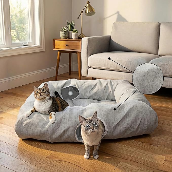 XxingSheep 4 Cave Premium Hemp Fabric XL Cat Tunnel Bed for Indoor Cats Cat Toys Cave Donut with Soft Mat by XxingSheep