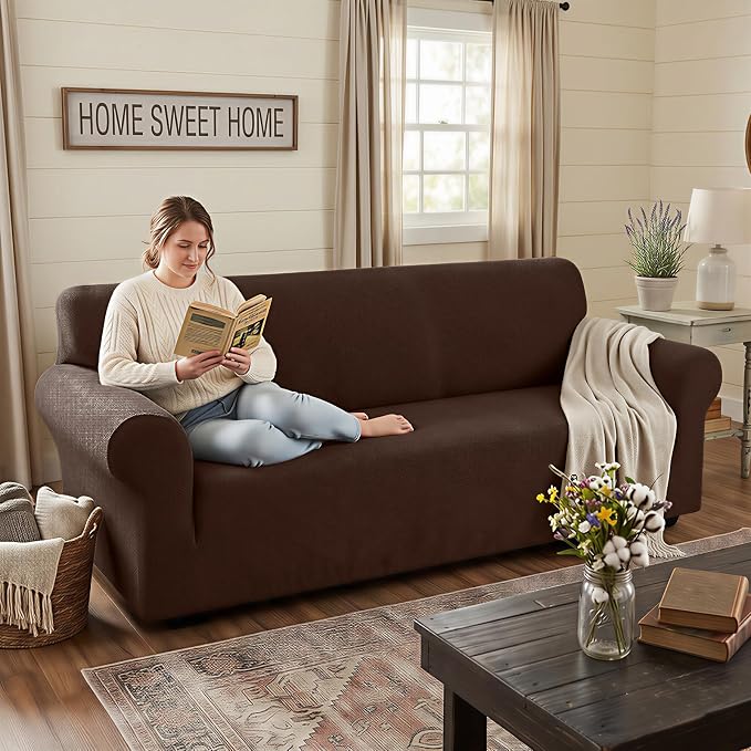 XINEAGE Stretch Jacquard Sofa Cover, Non Slip Sofa Slipcover for Dog | High-Stretch Fabric. Wear-Resistant, Pet Friendly. Easy Install & Washable for Living Rooms, Offices.Coffee - Image 3