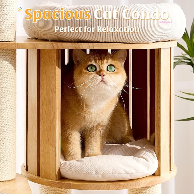 Solid Wood Cat Tree Tower with Scratching Post, 61 Inches Tall Cat Towers with Capsule and Condo, Modern Cat Tower with Hammock and Removable Top Bed for Indoor Cats.White - Image 6