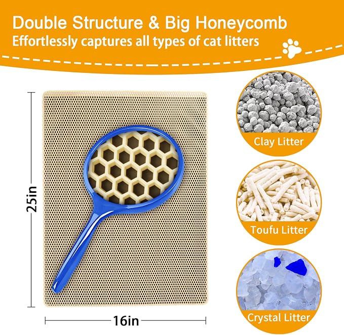 Cat Litter Mats Litter Trapping Mat, 25''x16'' Cat Litterbox Mat for Floor, 2 Layer Honeycomb Pet Litterbox Matt Catcher Rug, Waterproof Urine Proof, Non-Slip, Soft, Clean Easily, Small - Image 2