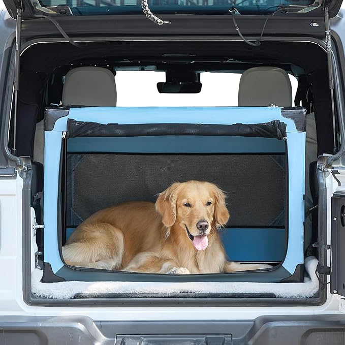 JOYTUTUS Collapsible Dog Crate, 38 Inch Portable Pet Crate for Car, Travel Dog Kennel Foldable Dog Crate for Large Dog 70lbs, Soft Cat Carrier Fit for Indoor & Outdoor/Trunk (Blue) by JoyTutus