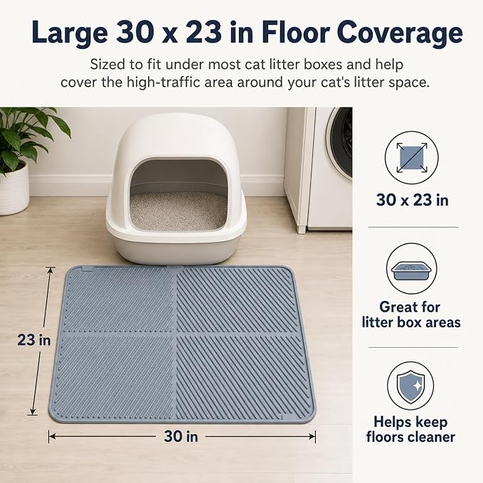 Silicone Cat Litter Mat, 30'' × 23'' Large Waterproof Cat Pad for Litter Box, Easy-Clean Trapping Surface with Raised Edge, Gentle on Paws, Gray - Image 4