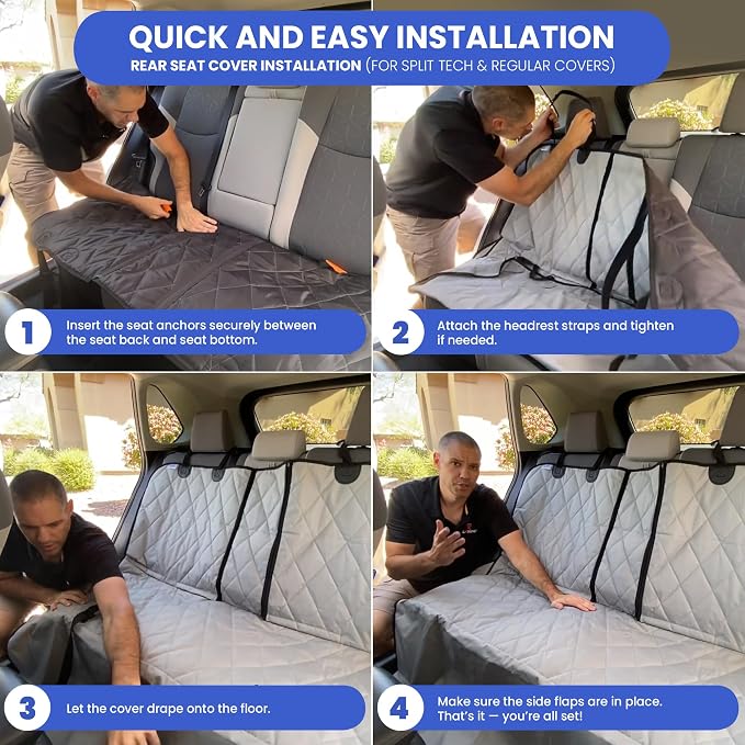 4Knines Heavy-Duty Rear Seat Cover for Dogs - Fitted, Tan Reg | K9-Shield waterproof layer, non-slip backing, quick-release clips for easy install and cleanup. Machine washable. - Image 8