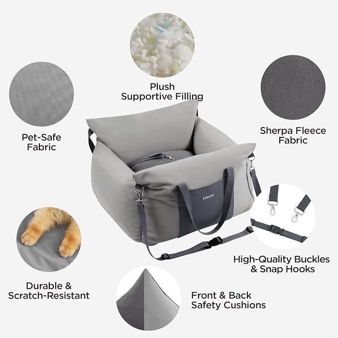 Lesure Small Dog Car Seat for Small Dogs - Soft Dog Booster Seat for Car with Storage Pocket and Clip-On Safety Leash and Thickened Memory Foam Filling, Pet Carseat Travel Carrier Bed, Grey - Image 4